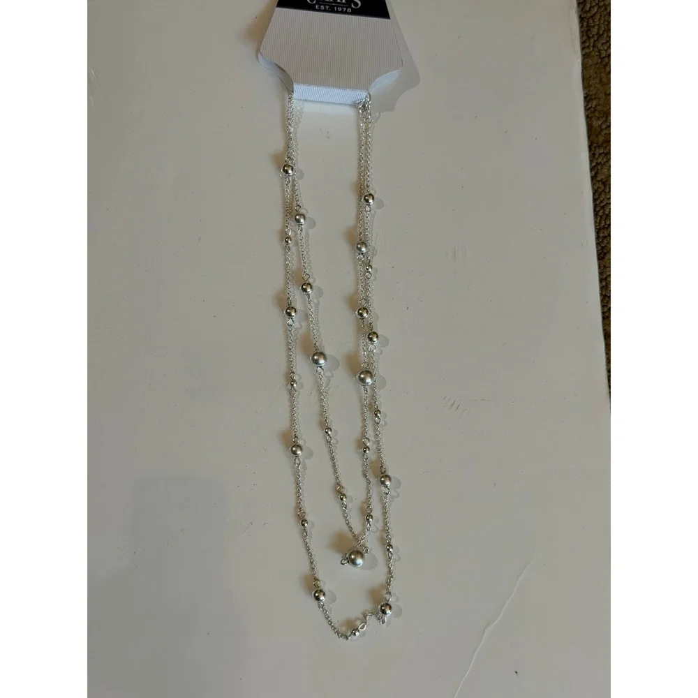 Chaps Silver Tone Double Strand Ball Bead‎ Layered Necklace Padlock Charm NWT